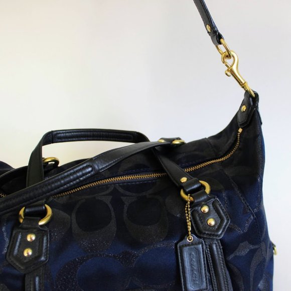 Vintage Y2K Coach Black/Navy Metallic Large Front Flap Carryall Satchel Purse - Picture 3 of 15